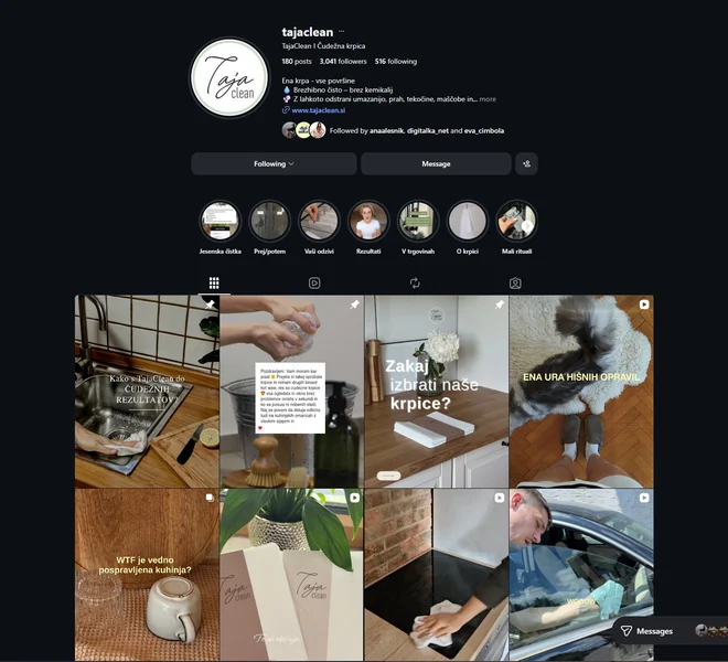 Instagram profil TajaClean — vodenje družbenih omrežij